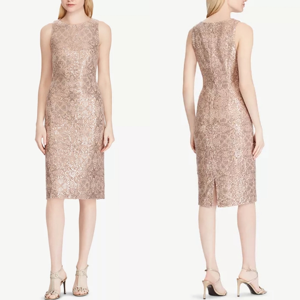 NWT Lauren Ralph Lauren Rose Gold Metallic Sequin Sheath Dress